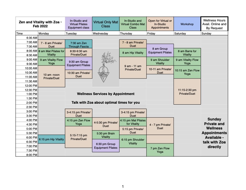 Zoa's Class Schedule Feb 2022