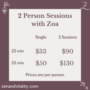 Prices for Partner Movement Sessions with Zoa at Zen and Vitality - studio or online
