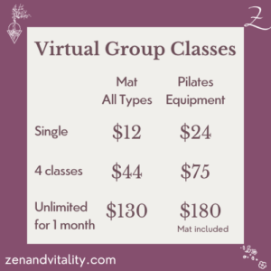 Prices for Virtual Classes with Zoa at Zen and Vitality - single, 4 pass, and unlimited