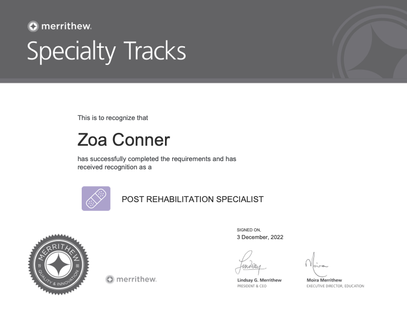 Zoa's Post Rebailitation Specialist Certificate from Merrithew