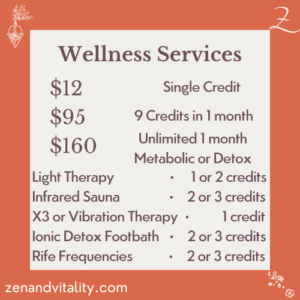 Prices for Wellness Services at Zen and Vitality